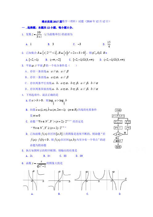 湖北省浠水县实验高级中学2017届高三数学理测试题2016