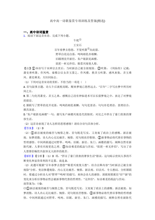 高中高一诗歌鉴赏专项训练及答案(精选)