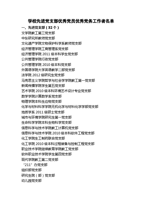 学校先进党支部优秀党员优秀党务工作者名单