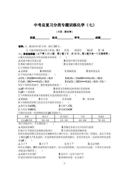 九年级化学专题7《酸和碱》综合检测含答案