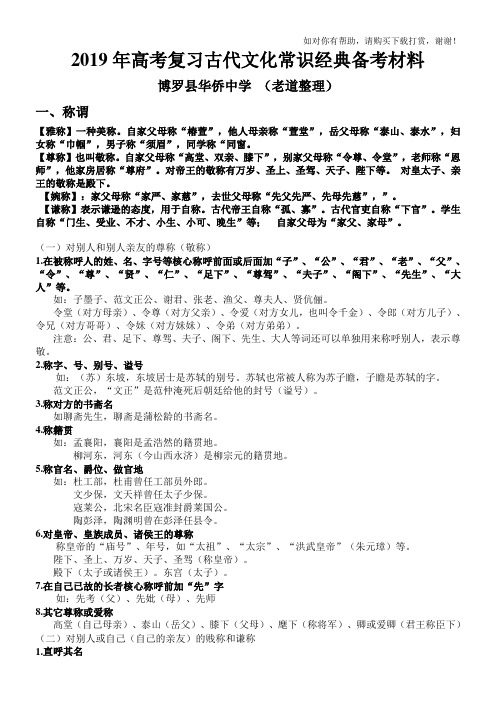 2019年高考复习古代文化常识经典备考材料