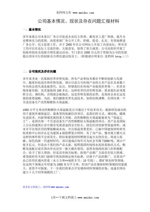 公司基本情况、现状及存在问题汇报材料