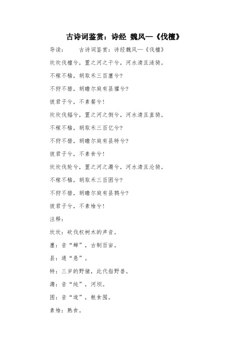 古诗词鉴赏：诗经 魏风—《伐檀》