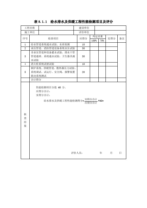 表8.1.1  给水排水及供暖工程性能检测项目及评分