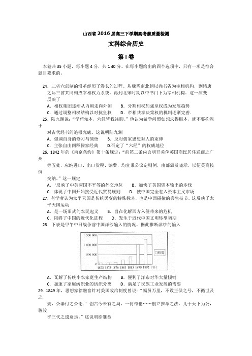 山西省2016届高三下学期高考前质量检测历史试题及答案