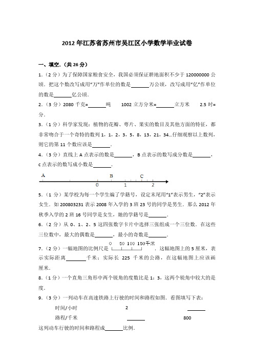 【真卷】2012年江苏省苏州市吴江区小学数学毕业试卷含参考答案
