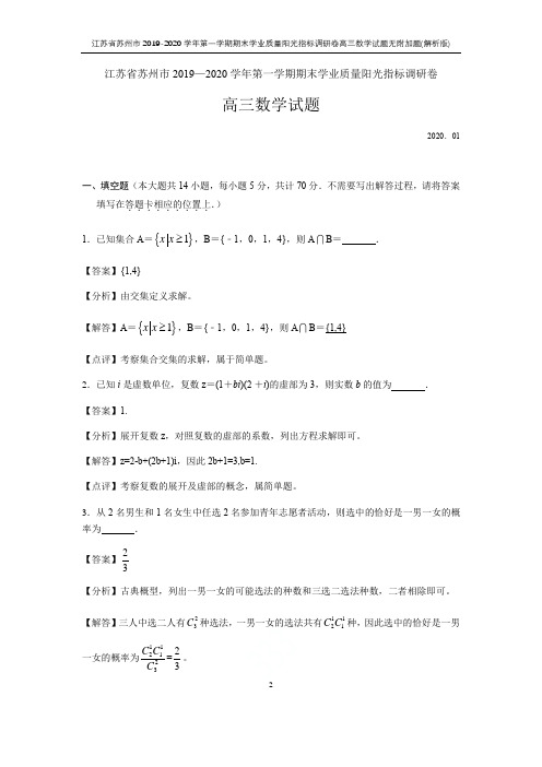 苏州市2019-2020学年第一学期期末学业质量调研卷高三数学试题无附加题(解析版)