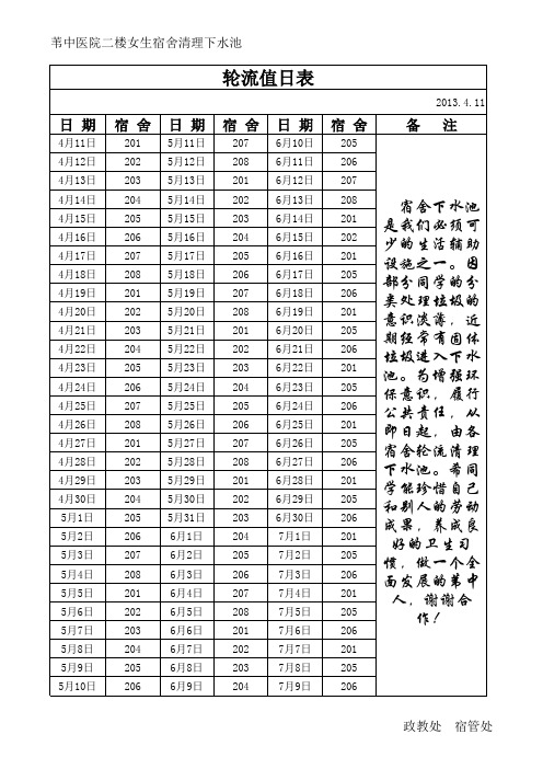 医院二楼女生宿舍清理下水池轮流值日表