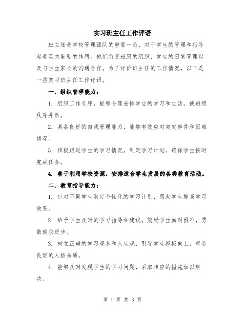实习班主任工作评语
