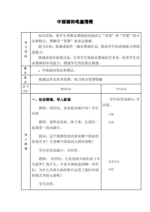 初中美术_《中国画的笔墨情趣》教学设计学情分析教材分析课后反思