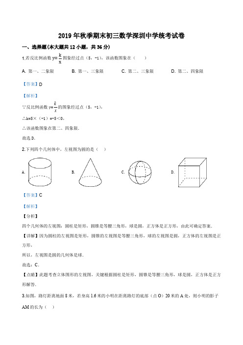 广东省深圳市深圳中学2019-2020学年九年级上学期期末数学试题(解析版)