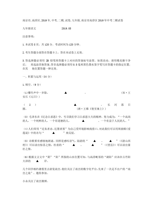 南京市高淳区2019年中考二模试卷九年级语文(含答案)