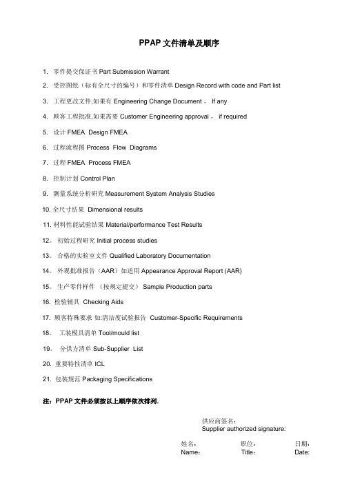 PPAP文件清单及顺序