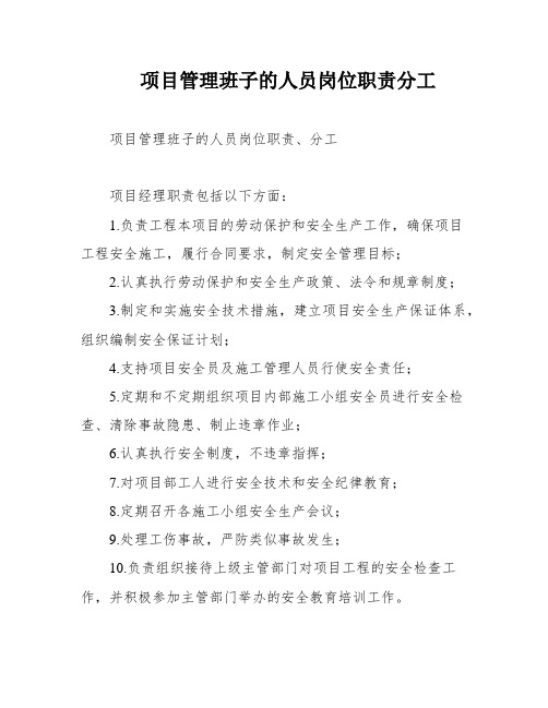 项目管理班子的人员岗位职责分工