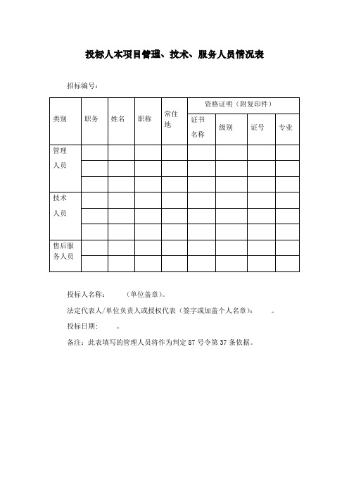 投标人本项目管理、技术、服务人员情况表(工程项目投标 标书制作材料)