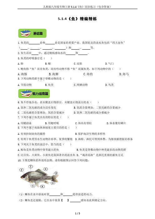 人教版八年级生物上册5.1.4《鱼》同步练习(包含答案)