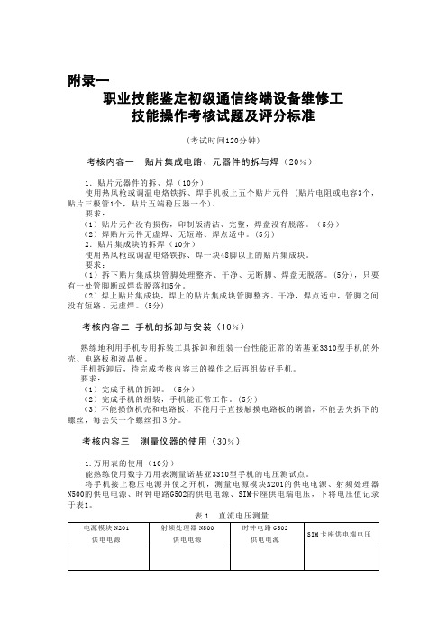 职业技能鉴定初级通信终端设备维修工考核试题