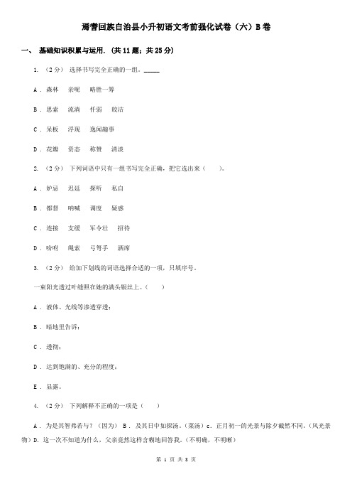 焉耆回族自治县小升初语文考前强化试卷(六)B卷