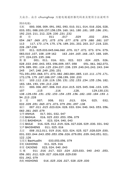 大众合众合chunghop万能电视遥控器代码表及使用方法说明书