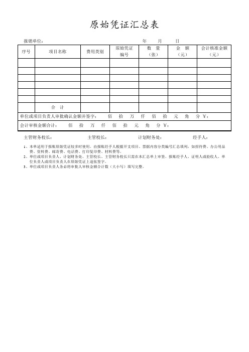 xx大学原始凭证报账汇总单