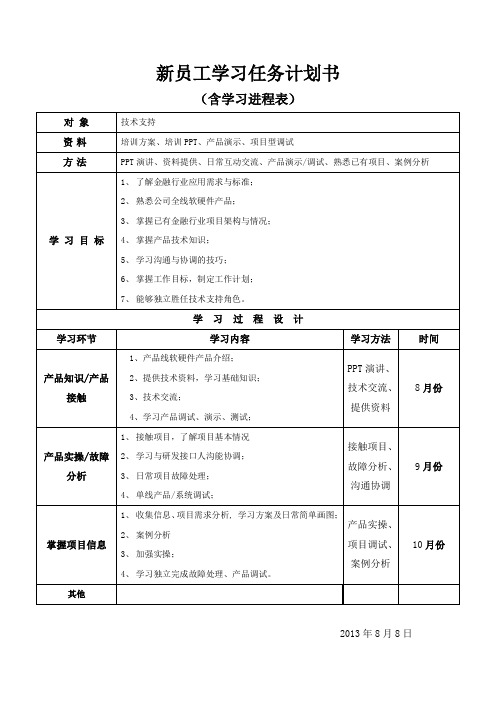新员工学习任务计划书(含进程表)