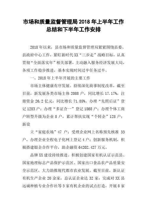 市场和质量监督管理局2018年上半年工作总结和下半年工作安排资料