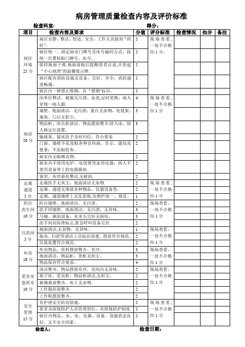 病房管理质量检查内容及评价标准