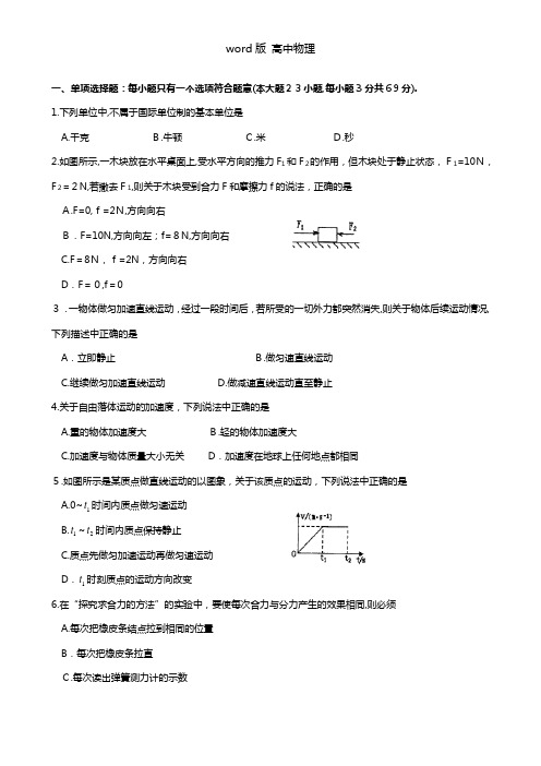 江苏省泰州中学2020┄2021学年高二学业水平测试模拟一物理必修试题