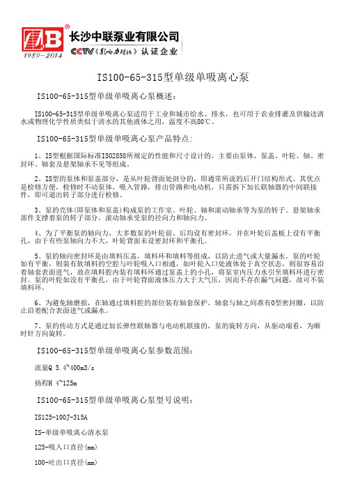 IS100-65-315型单级单吸离心泵