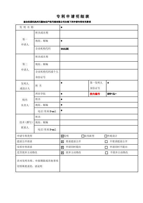 专利申请明细表