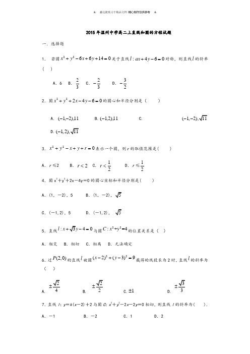 人教A版高中必修二试题高二上直线和圆的方程试题.docx