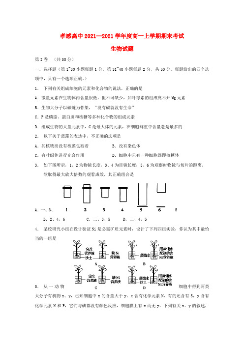 湖北省孝感市高级高一生物上学期期末考试试题
