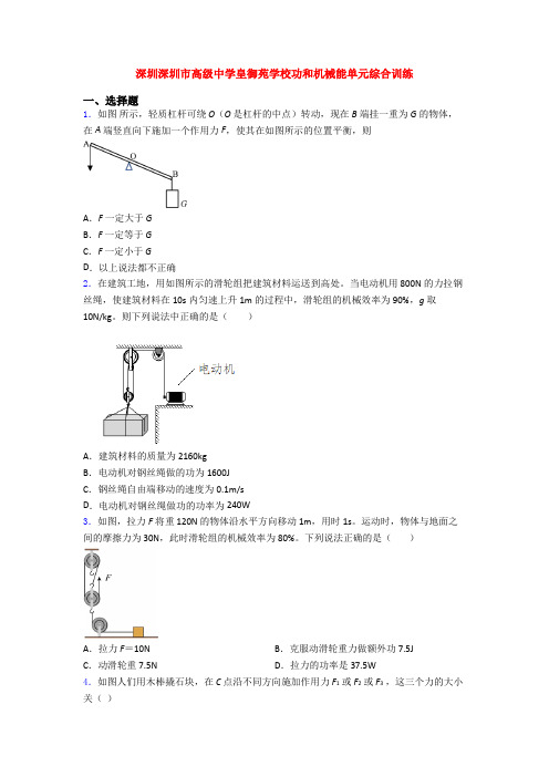 深圳深圳市高级中学皇御苑学校功和机械能单元综合训练