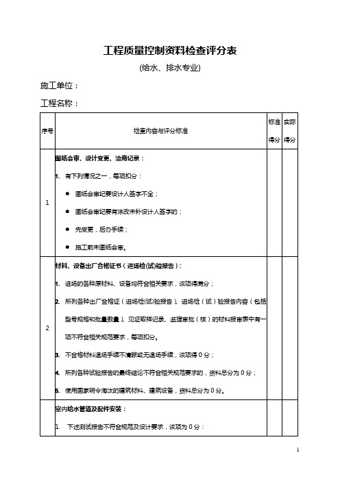 给排水工程质量评分表