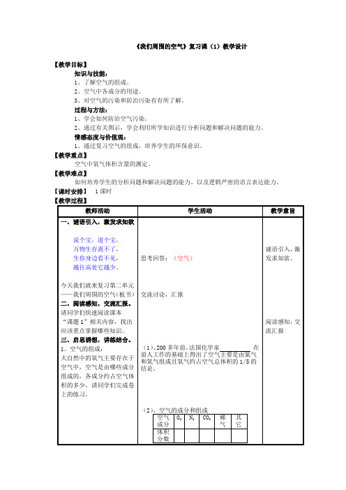 《我们周围的空气》复习课(1)教学设计 教学设计