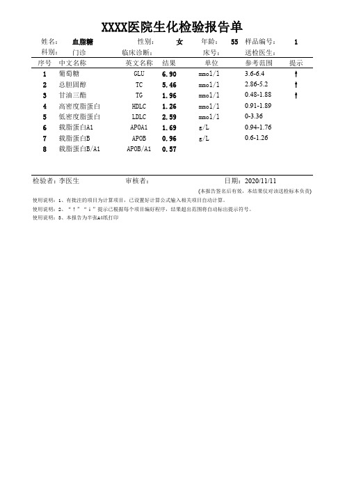血脂血糖检验报告单模板