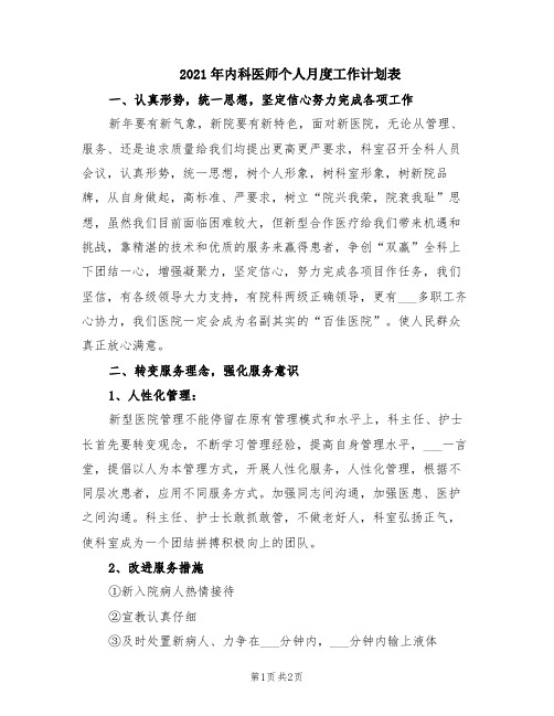 2021年内科医师个人月度工作计划表