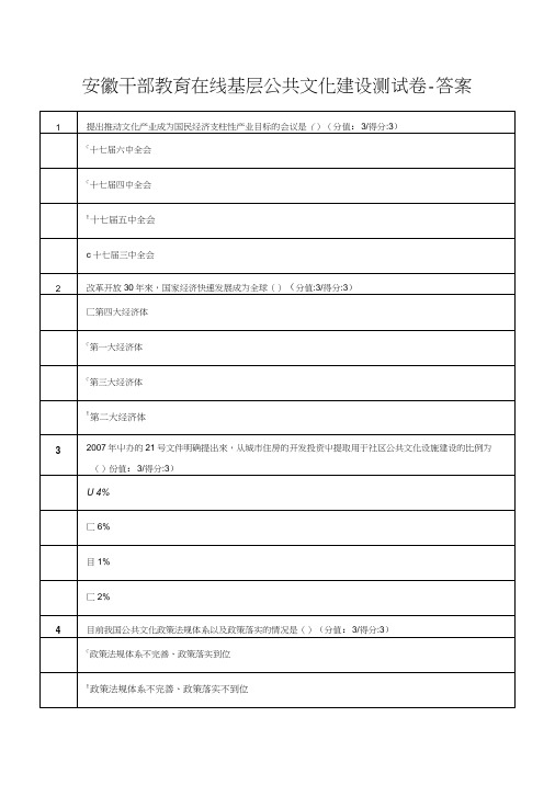 安徽干部教育在线基层公共文化建设测试卷.doc