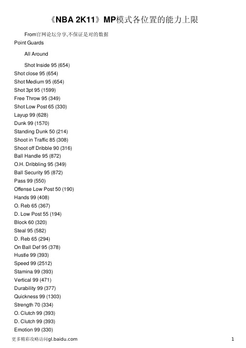 《NBA 2K11》MP模式各位置的能力上限