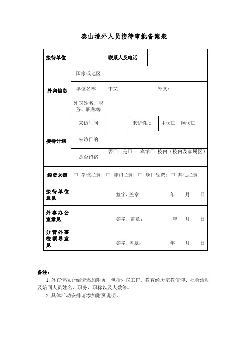境外人员接待审批备案表