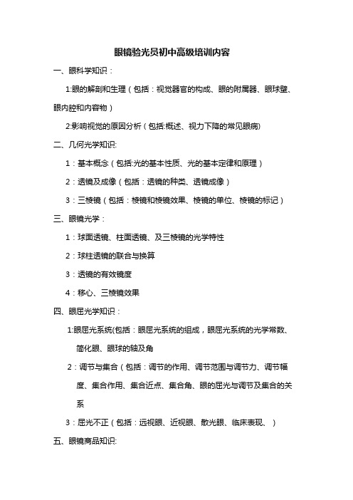 眼镜验光员初中高级培训内容