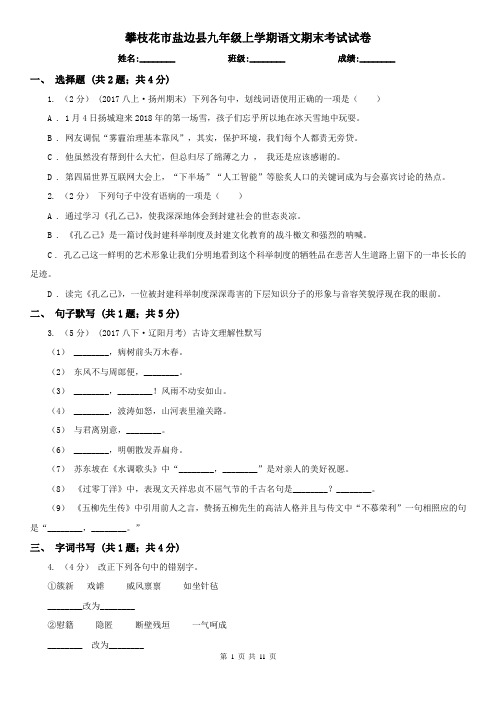 攀枝花市盐边县九年级上学期语文期末考试试卷