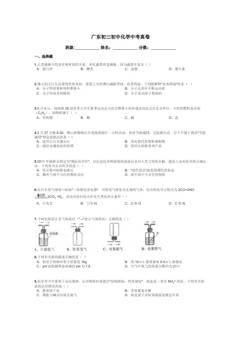 广东初三初中化学中考真卷带答案解析
