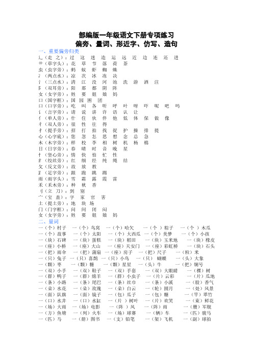 2020春最新部编本一年级语文下册(偏旁、量词、形近字、仿写、造句)汇总