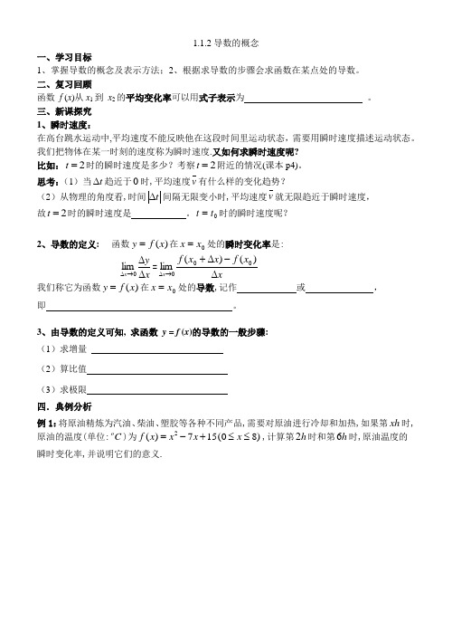 浙江省临海市白云高级中学高中数学选修2-2  1.1.2导数的概念   学案