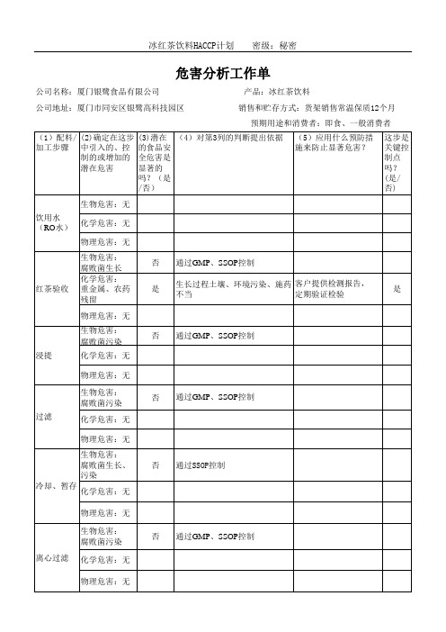 冰红茶HACCP危害分析工作单