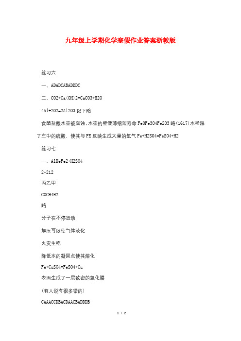 九年级上学期化学寒假作业答案浙教版