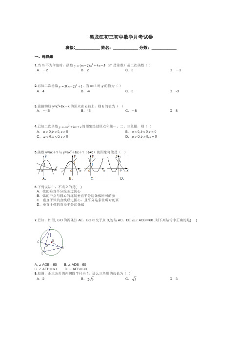 黑龙江初三初中数学月考试卷带答案解析
