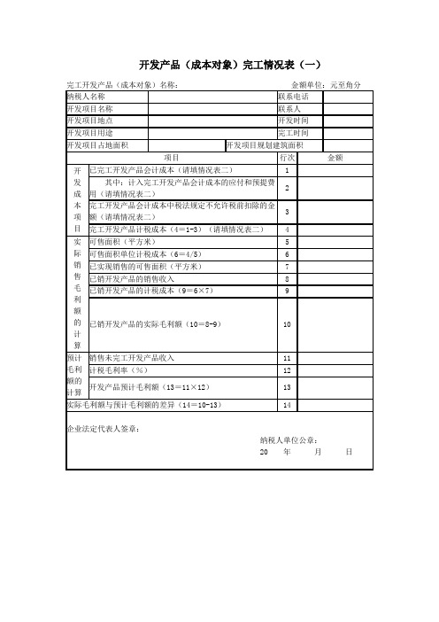 开发产品(成本对象)完工情况表
