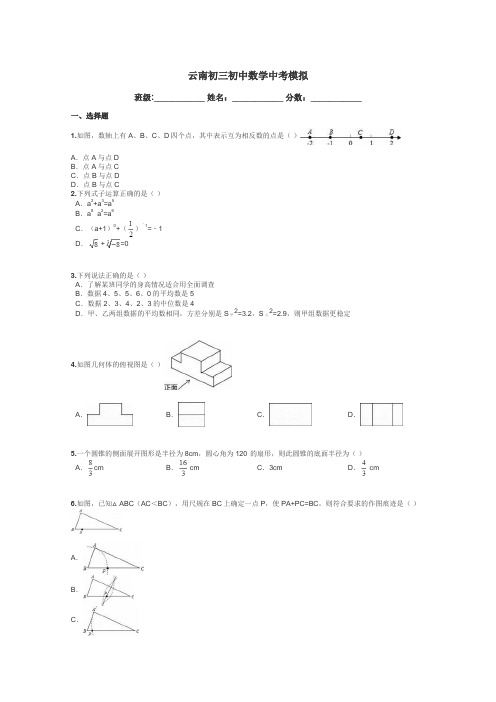 云南初三初中数学中考模拟带答案解析
